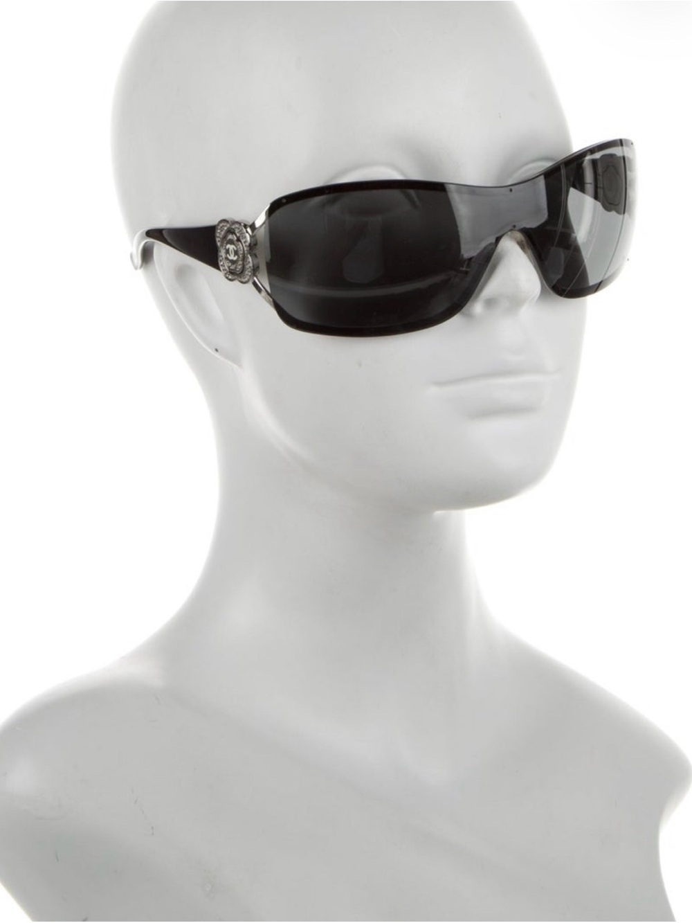 CHANEL Black Shield Sunglasses with Silver CC Medallion Accent - Camellia